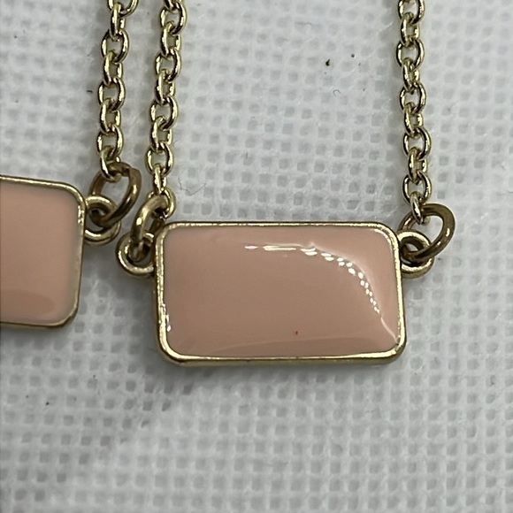 Bar Necklace Rectangle Enameled Baby Pink and Gold Pendent with Gold Tone Chain - Picture 3 of 9